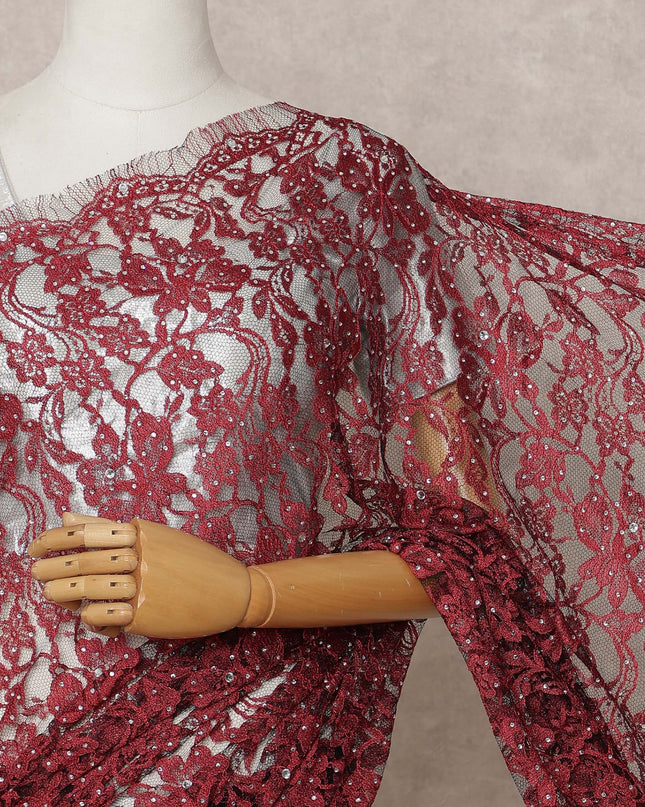 Maroon Premium French 2-Tone Chantilly Lace Saree with Stone Work, Width 110 Cms, Length 5.5 Mtrs, Imported from France-D25683
