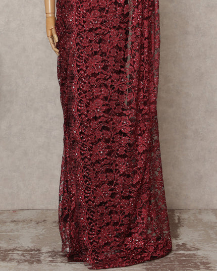 Maroon Premium French 2-Tone Chantilly Lace Saree with Stone Work, Width 110 Cms, Length 5.5 Mtrs, Imported from France-D25683