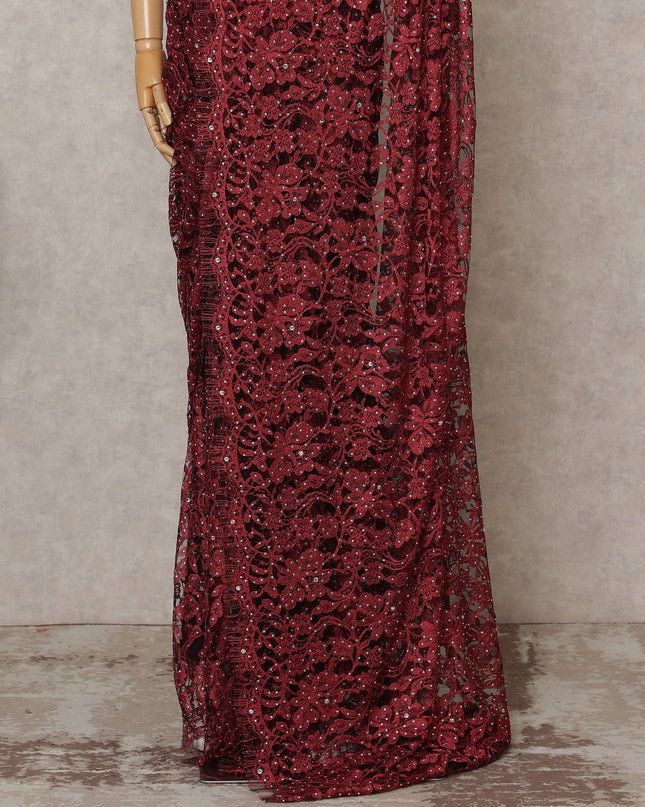 Maroon Premium French 2-Tone Chantilly Lace Saree with Stone Work, Width 110 Cms, Length 5.5 Mtrs, Imported from France-D25683