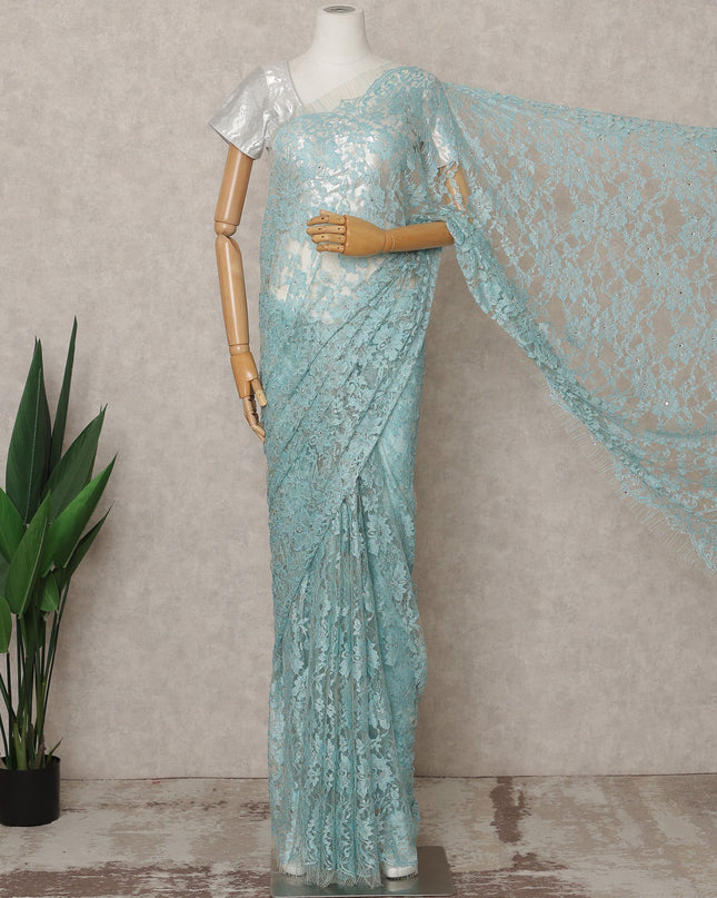 Sky Blue Premium French 2-Tone Chantilly Lace Saree with Stone Work, Width 110 Cms, Length 5.5 Mtrs, Imported from France-D25680 Regal Fabrics