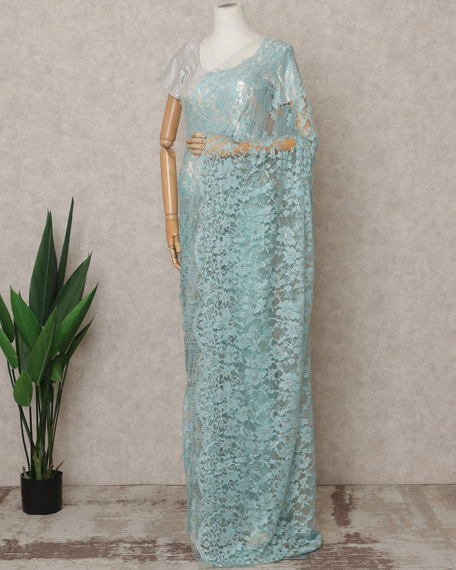 Sky Blue Premium French 2-Tone Chantilly Lace Saree with Stone Work, Width 110 Cms, Length 5.5 Mtrs, Imported from France-D25680 Regal Fabrics