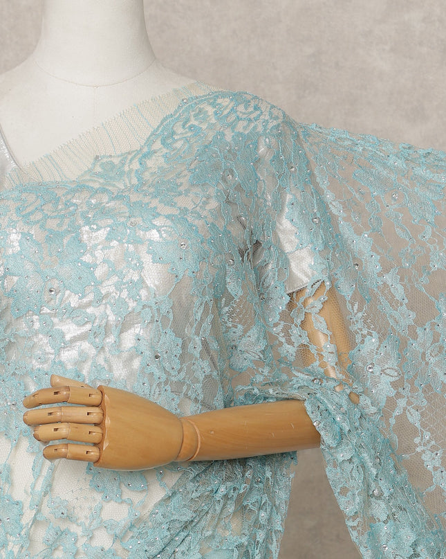 Sky Blue Premium French 2-Tone Chantilly Lace Saree with Stone Work, Width 110 Cms, Length 5.5 Mtrs, Imported from France-D25680 Regal Fabrics