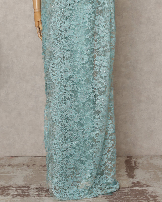 Sky Blue Premium French 2-Tone Chantilly Lace Saree with Stone Work, Width 110 Cms, Length 5.5 Mtrs, Imported from France-D25680 Regal Fabrics