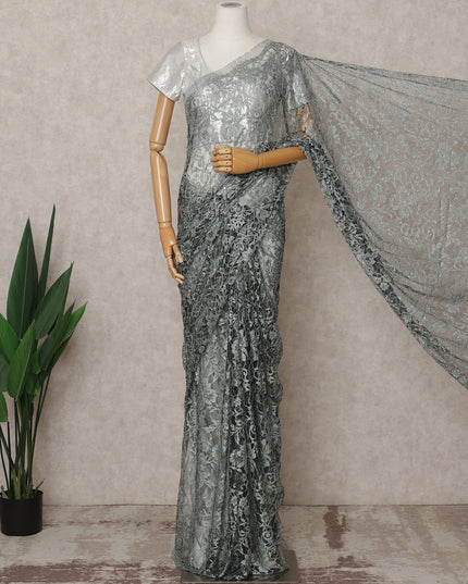 Steel Grey Premium French 2-Tone Chantilly Lace Saree with Stone Work, Width 110 Cms, Length 5.5 Mtrs, Imported from France-D25677