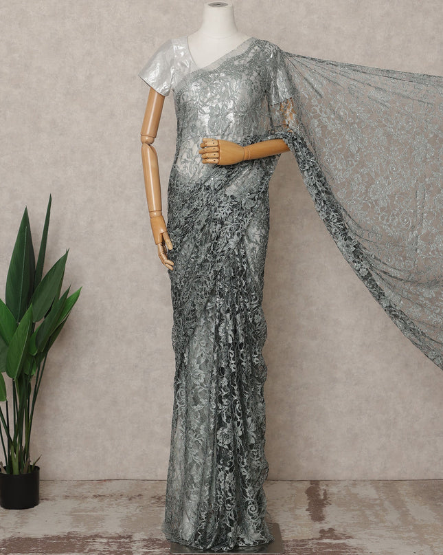 Steel Grey Premium French 2-Tone Chantilly Lace Saree with Stone Work, Width 110 Cms, Length 5.5 Mtrs, Imported from France-D25677