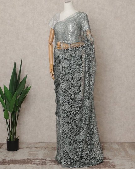 Steel Grey Premium French 2-Tone Chantilly Lace Saree with Stone Work, Width 110 Cms, Length 5.5 Mtrs, Imported from France-D25677