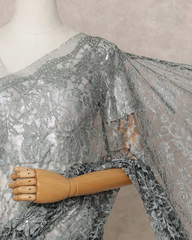 Steel Grey Premium French 2-Tone Chantilly Lace Saree with Stone Work, Width 110 Cms, Length 5.5 Mtrs, Imported from France-D25677