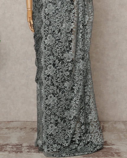 Steel Grey Premium French 2-Tone Chantilly Lace Saree with Stone Work, Width 110 Cms, Length 5.5 Mtrs, Imported from France-D25677