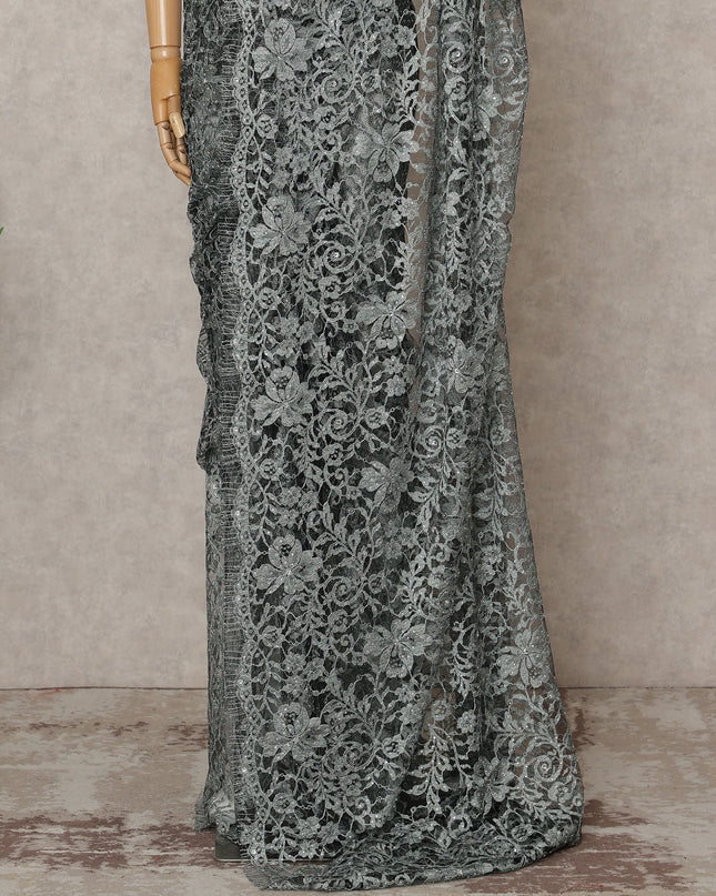 Steel Grey Premium French 2-Tone Chantilly Lace Saree with Stone Work, Width 110 Cms, Length 5.5 Mtrs, Imported from France-D25677