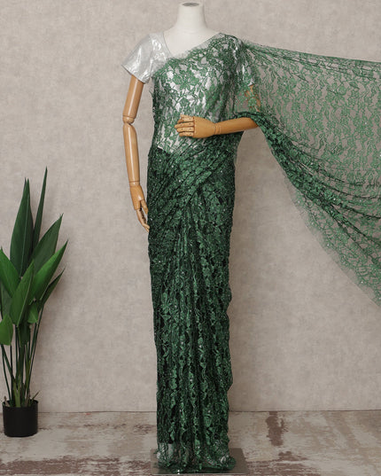 Emerald Green Premium French 2-Tone Chantilly Lace Saree with Stone Work, Width 110 Cms, Length 5.5 Mtrs, Imported from France-D25671