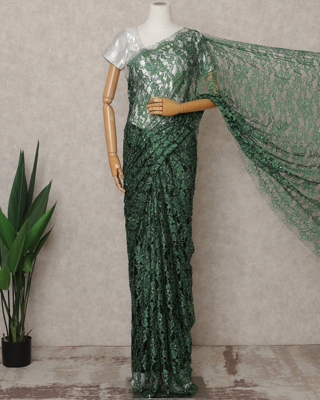 Emerald Green Premium French 2-Tone Chantilly Lace Saree with Stone Work, Width 110 Cms, Length 5.5 Mtrs, Imported from France-D25671
