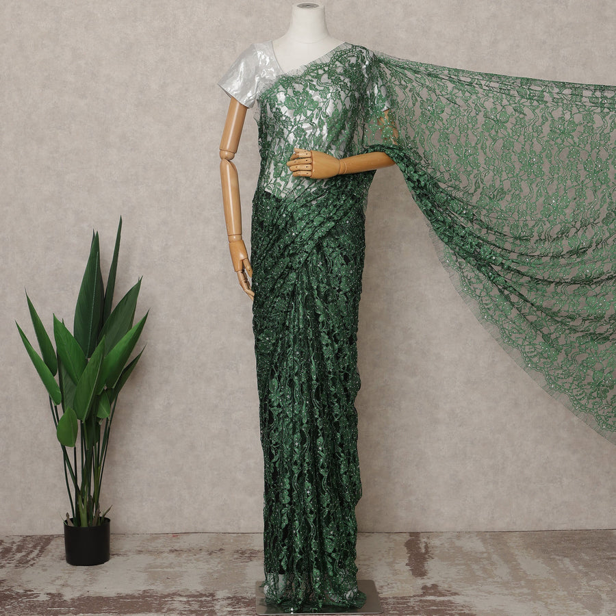 Emerald Green Premium French 2-Tone Chantilly Lace Saree with Stone Work, Width 110 Cms, Length 5.5 Mtrs, Imported from France-D25671