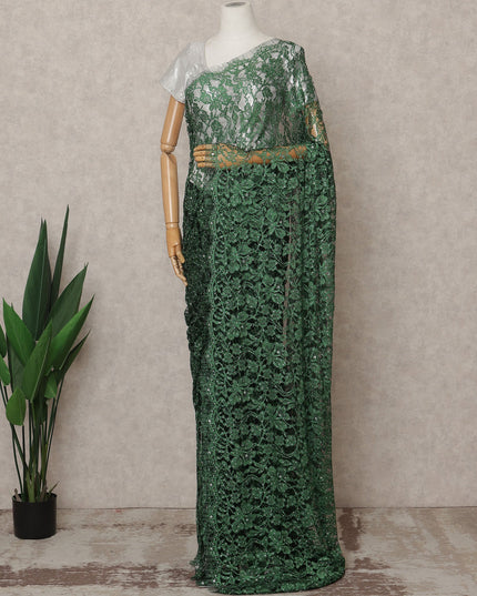 Emerald Green Premium French 2-Tone Chantilly Lace Saree with Stone Work, Width 110 Cms, Length 5.5 Mtrs, Imported from France-D25671