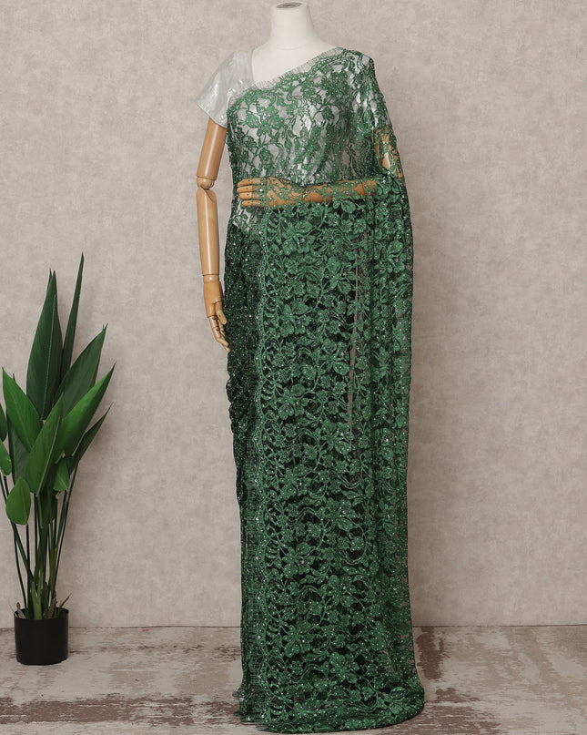 Emerald Green Premium French 2-Tone Chantilly Lace Saree with Stone Work, Width 110 Cms, Length 5.5 Mtrs, Imported from France-D25671
