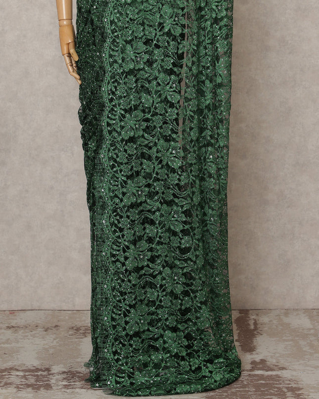 Emerald Green Premium French 2-Tone Chantilly Lace Saree with Stone Work, Width 110 Cms, Length 5.5 Mtrs, Imported from France-D25671