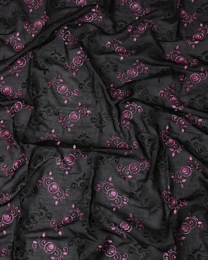 Black Traditional Sudanese Thobe Fabric with Purple & Black Embroidery, Pure Cotton Voile, 4.5 Mtrs Length, 140 Cms Width, Made in India-D26382