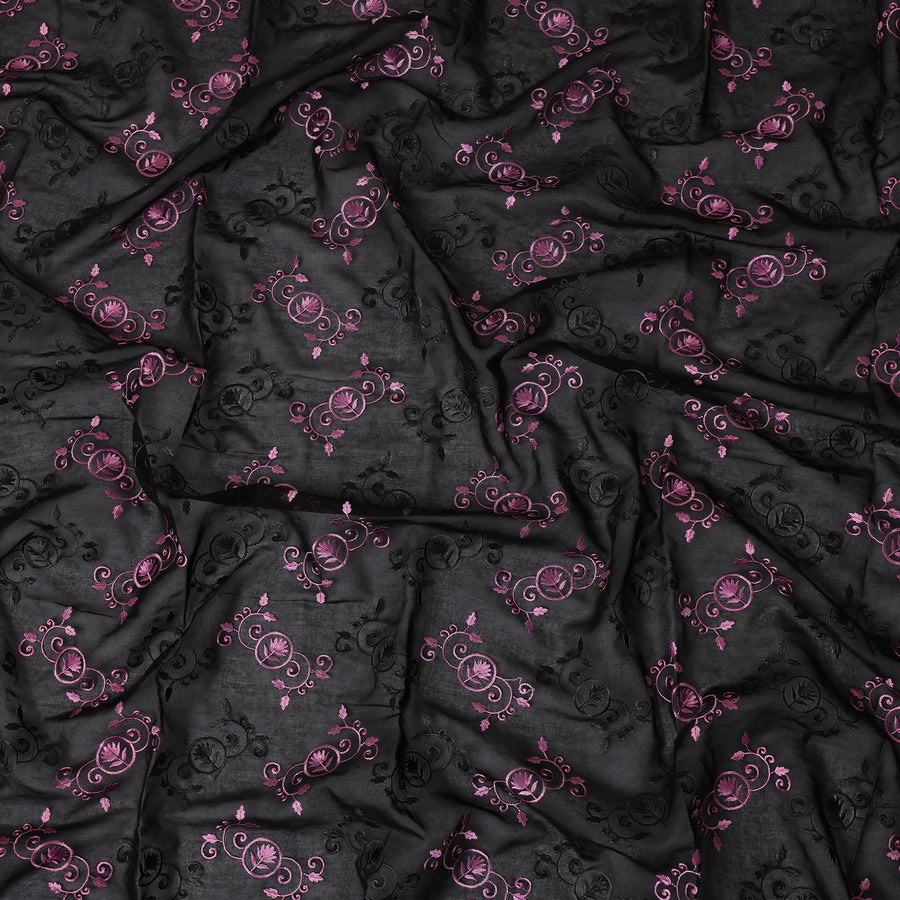 Black Traditional Sudanese Thobe Fabric with Purple & Black Embroidery, Pure Cotton Voile, 4.5 Mtrs Length, 140 Cms Width, Made in India-D26382