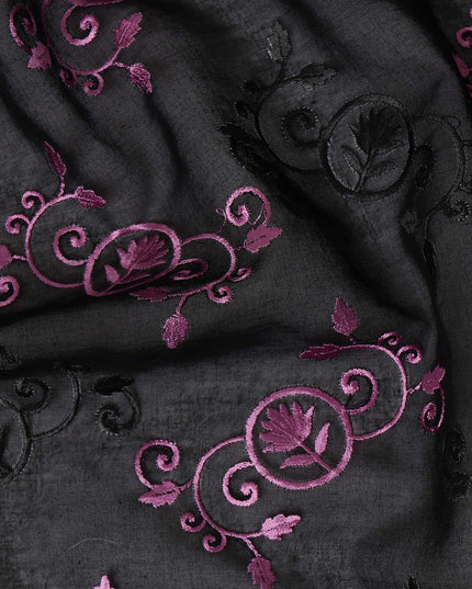 Black Traditional Sudanese Thobe Fabric with Purple & Black Embroidery, Pure Cotton Voile, 4.5 Mtrs Length, 140 Cms Width, Made in India-D26382