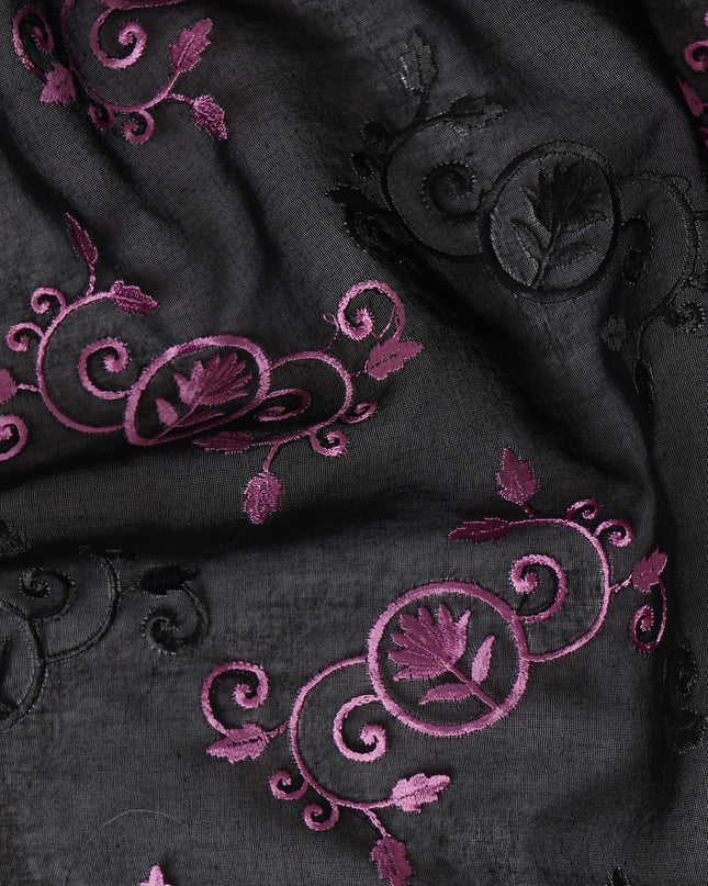 Black Traditional Sudanese Thobe Fabric with Purple & Black Embroidery, Pure Cotton Voile, 4.5 Mtrs Length, 140 Cms Width, Made in India-D26382