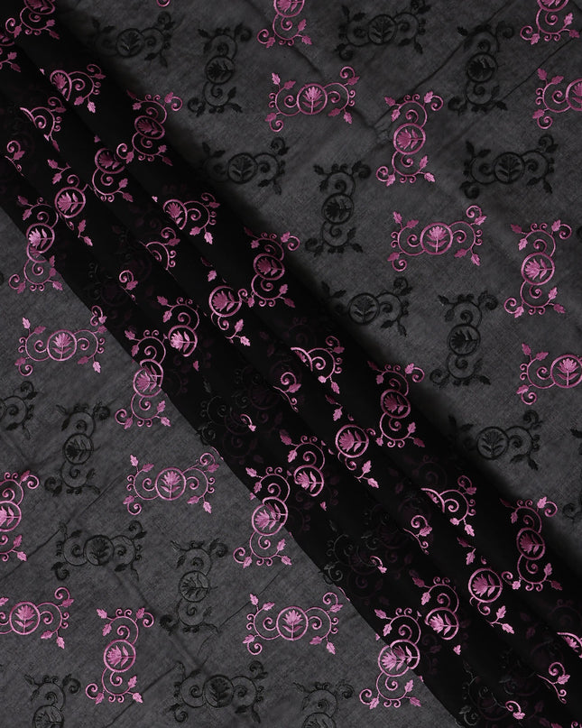 Black Traditional Sudanese Thobe Fabric with Purple & Black Embroidery, Pure Cotton Voile, 4.5 Mtrs Length, 140 Cms Width, Made in India-D26382