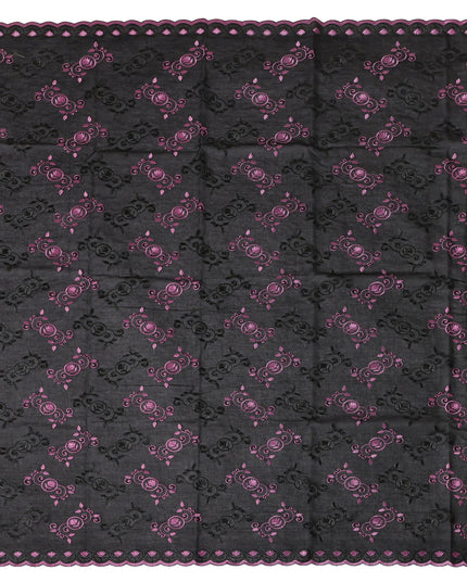 Black Traditional Sudanese Thobe Fabric with Purple & Black Embroidery, Pure Cotton Voile, 4.5 Mtrs Length, 140 Cms Width, Made in India-D26382