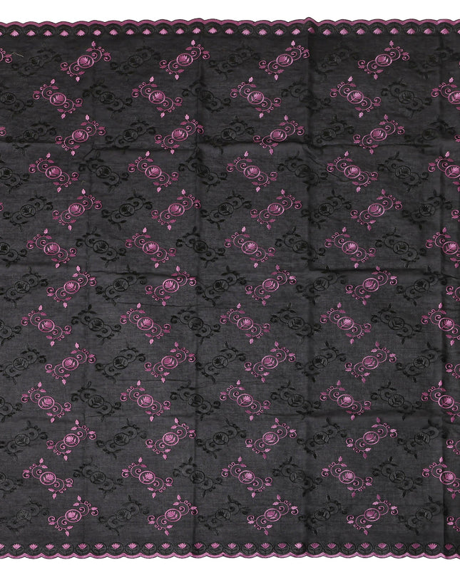 Black Traditional Sudanese Thobe Fabric with Purple & Black Embroidery, Pure Cotton Voile, 4.5 Mtrs Length, 140 Cms Width, Made in India-D26382