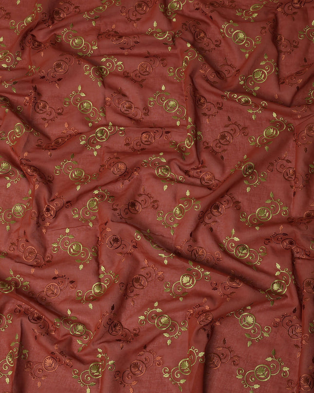 Rust Brown Traditional Sudanese Thobe Fabric with Gold & Copper Motifs, Pure Cotton Voile, 4.5 Mtrs Length, 140 Cms Width, Made in India-D26380 Regal Fabrics