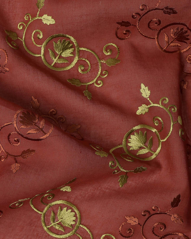 Rust Brown Traditional Sudanese Thobe Fabric with Gold & Copper Motifs, Pure Cotton Voile, 4.5 Mtrs Length, 140 Cms Width, Made in India-D26380 Regal Fabrics