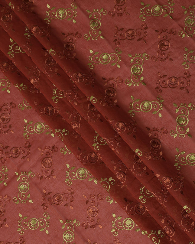 Rust Brown Traditional Sudanese Thobe Fabric with Gold & Copper Motifs, Pure Cotton Voile, 4.5 Mtrs Length, 140 Cms Width, Made in India-D26380 Regal Fabrics