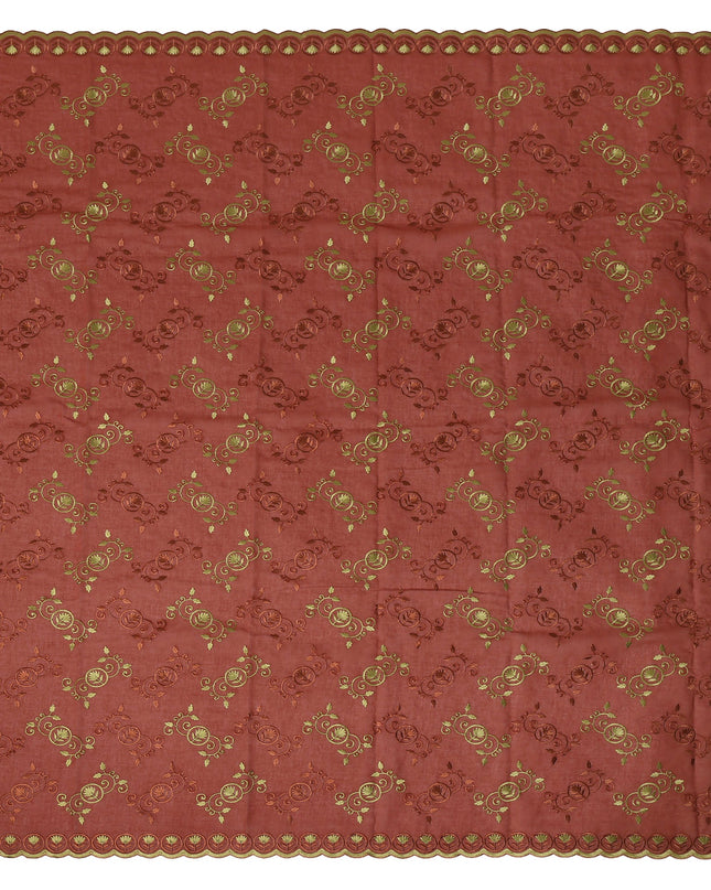 Rust Brown Traditional Sudanese Thobe Fabric with Gold & Copper Motifs, Pure Cotton Voile, 4.5 Mtrs Length, 140 Cms Width, Made in India-D26380 Regal Fabrics