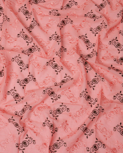 Peach Traditional Sudanese Thobe Fabric with Pink & Brown Motifs, Pure Cotton Voile, 4.5 Mtrs Length, 140 Cms Width, Made in India-D26381