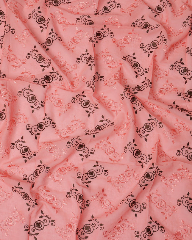Peach Traditional Sudanese Thobe Fabric with Pink & Brown Motifs, Pure Cotton Voile, 4.5 Mtrs Length, 140 Cms Width, Made in India-D26381