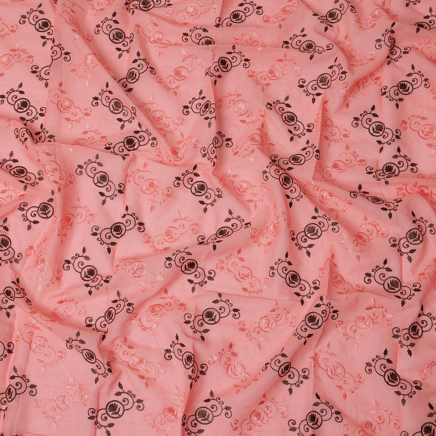 Peach Traditional Sudanese Thobe Fabric with Pink & Brown Motifs, Pure Cotton Voile, 4.5 Mtrs Length, 140 Cms Width, Made in India-D26381