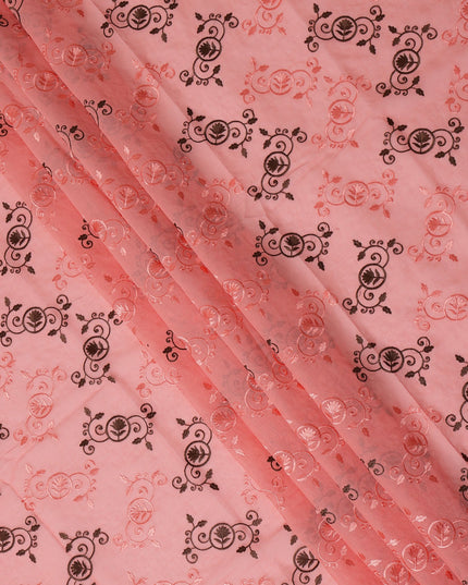 Peach Traditional Sudanese Thobe Fabric with Pink & Brown Motifs, Pure Cotton Voile, 4.5 Mtrs Length, 140 Cms Width, Made in India-D26381