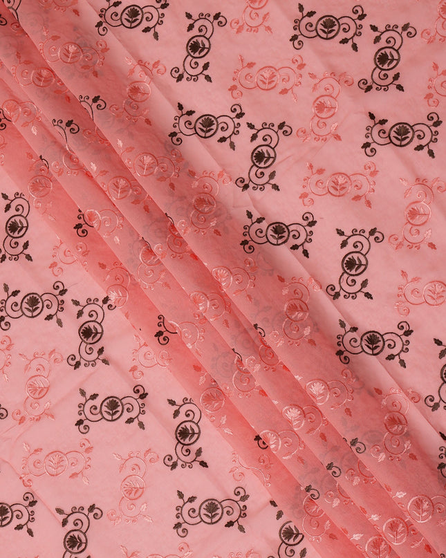 Peach Traditional Sudanese Thobe Fabric with Pink & Brown Motifs, Pure Cotton Voile, 4.5 Mtrs Length, 140 Cms Width, Made in India-D26381