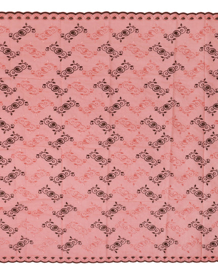 Peach Traditional Sudanese Thobe Fabric with Pink & Brown Motifs, Pure Cotton Voile, 4.5 Mtrs Length, 140 Cms Width, Made in India-D26381