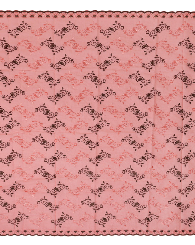 Peach Traditional Sudanese Thobe Fabric with Pink & Brown Motifs, Pure Cotton Voile, 4.5 Mtrs Length, 140 Cms Width, Made in India-D26381