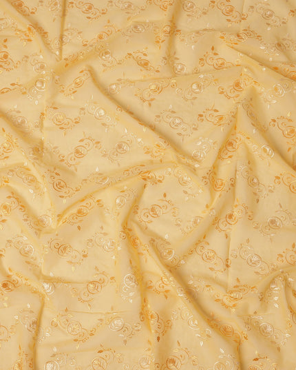 Light Yellow Traditional Sudanese Thobe Fabric with Golden & White Embroidery, Pure Cotton Voile, 4.5 Mtrs Length, 140 Cms Width, Made in India-D26383