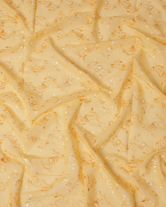 Light Yellow Traditional Sudanese Thobe Fabric with Golden & White Embroidery, Pure Cotton Voile, 4.5 Mtrs Length, 140 Cms Width, Made in India-D26383