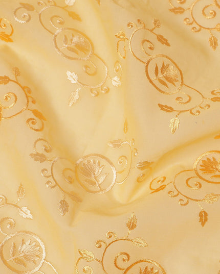 Light Yellow Traditional Sudanese Thobe Fabric with Golden & White Embroidery, Pure Cotton Voile, 4.5 Mtrs Length, 140 Cms Width, Made in India-D26383
