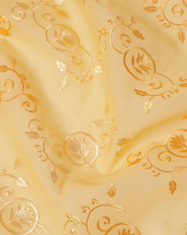 Light Yellow Traditional Sudanese Thobe Fabric with Golden & White Embroidery, Pure Cotton Voile, 4.5 Mtrs Length, 140 Cms Width, Made in India-D26383