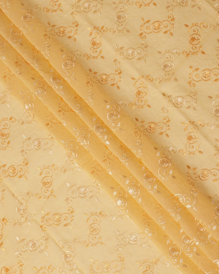 Light Yellow Traditional Sudanese Thobe Fabric with Golden & White Embroidery, Pure Cotton Voile, 4.5 Mtrs Length, 140 Cms Width, Made in India-D26383