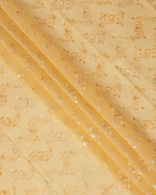 Light Yellow Traditional Sudanese Thobe Fabric with Golden & White Embroidery, Pure Cotton Voile, 4.5 Mtrs Length, 140 Cms Width, Made in India-D26383