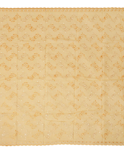 Light Yellow Traditional Sudanese Thobe Fabric with Golden & White Embroidery, Pure Cotton Voile, 4.5 Mtrs Length, 140 Cms Width, Made in India-D26383