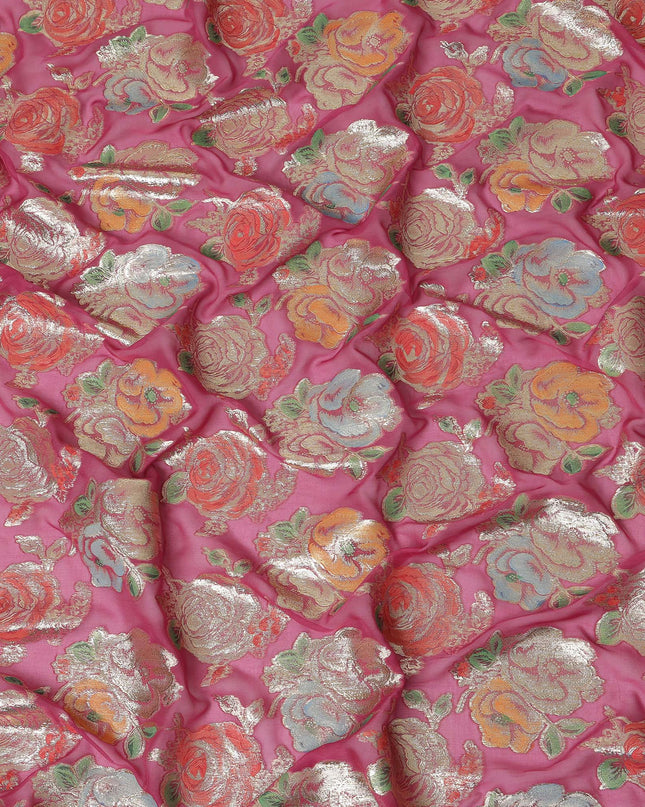 Fuchsia Pink Multicolor Floral Metallic Lurex Design Premium Silk Chiffon Fabric, 110 Cms Width, Made in South Korea-D25749