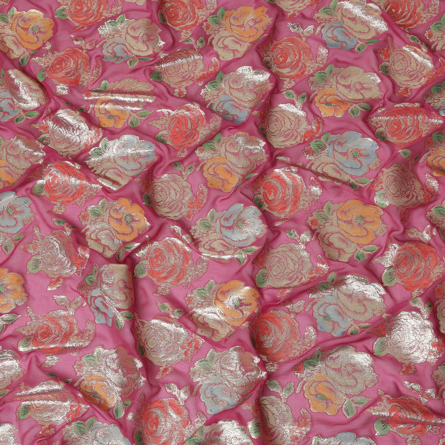 Fuchsia Pink Multicolor Floral Metallic Lurex Design Premium Silk Chiffon Fabric, 110 Cms Width, Made in South Korea-D25749