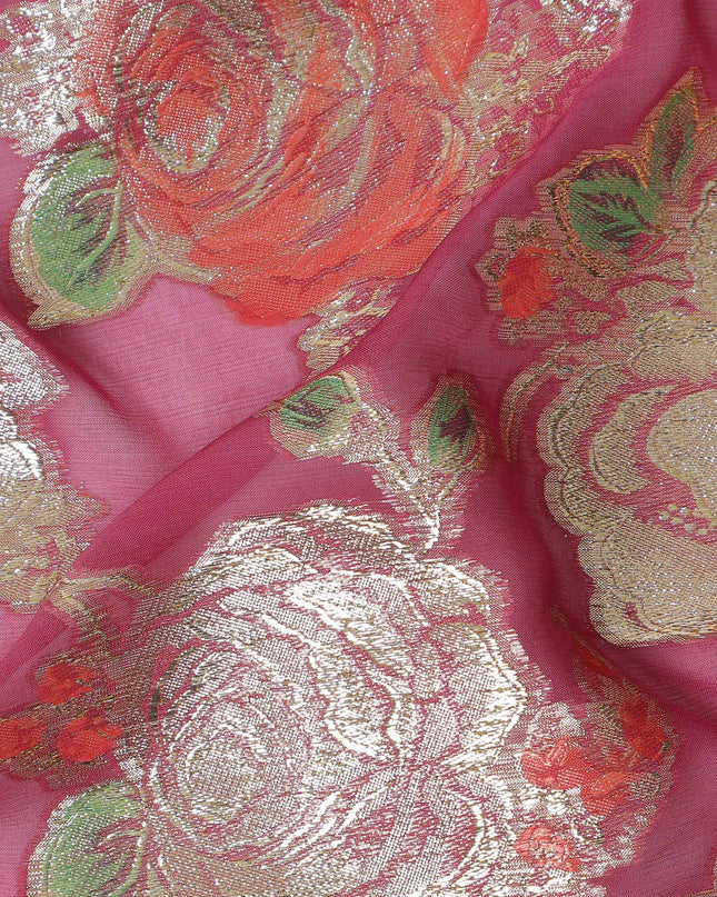 Fuchsia Pink Multicolor Floral Metallic Lurex Design Premium Silk Chiffon Fabric, 110 Cms Width, Made in South Korea-D25749