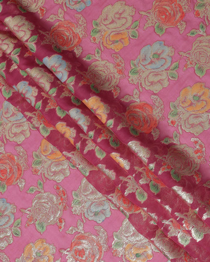 Fuchsia Pink Multicolor Floral Metallic Lurex Design Premium Silk Chiffon Fabric, 110 Cms Width, Made in South Korea-D25749