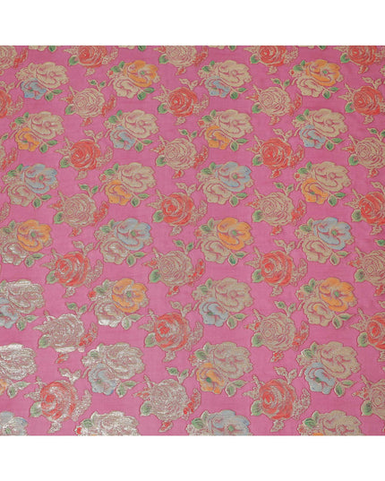 Fuchsia Pink Multicolor Floral Metallic Lurex Design Premium Silk Chiffon Fabric, 110 Cms Width, Made in South Korea-D25749