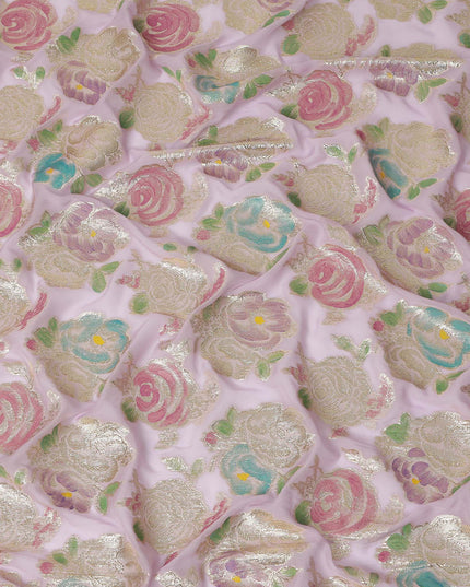 Blush Pink Multicolor Floral Metallic Lurex Design Premium Silk Chiffon Fabric, 110 Cms Width, Made in South Korea-D25747